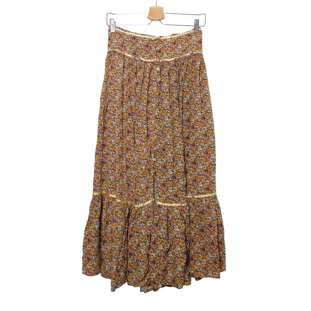 Natural Life Floral Maxi Skirt Small Mustard Yellow Smocked Tiered Boho Slit